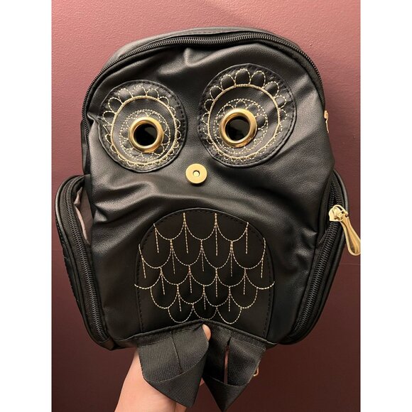 Owl Shaped Black Backpack Purse Gold Embroidery and Zippered Pockets - Picture 4 of 8